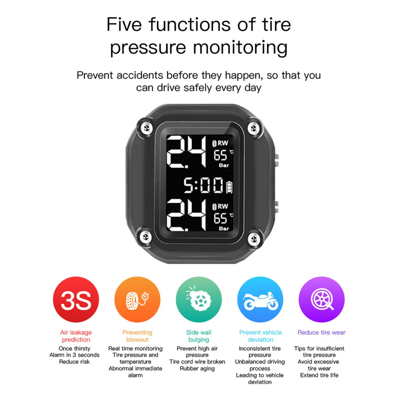 

Real-time Motorcycle Electronic TPMS Tire Pressure Monitoring System Gauge LCD Display