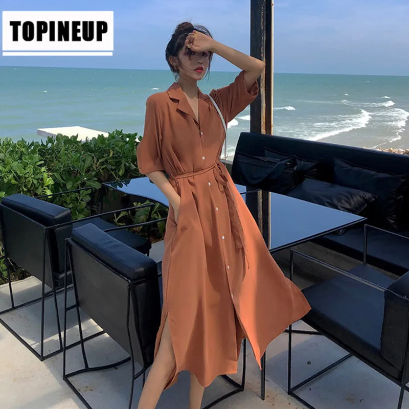

2020 new women's Fashion Solid color lapel seaside holiday skinny belt summer dress