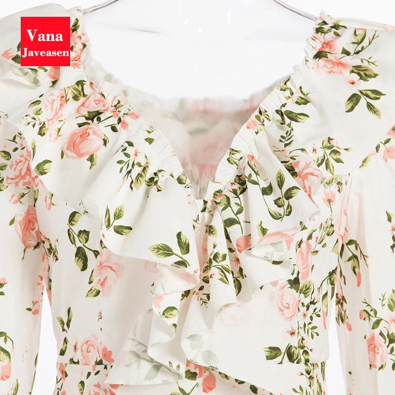 

Summer Dress For Women V-neck Ruffled Mini Dresses Streetwear Long Sleeve Flower Print Elegant Dress Female Vestidos Femme