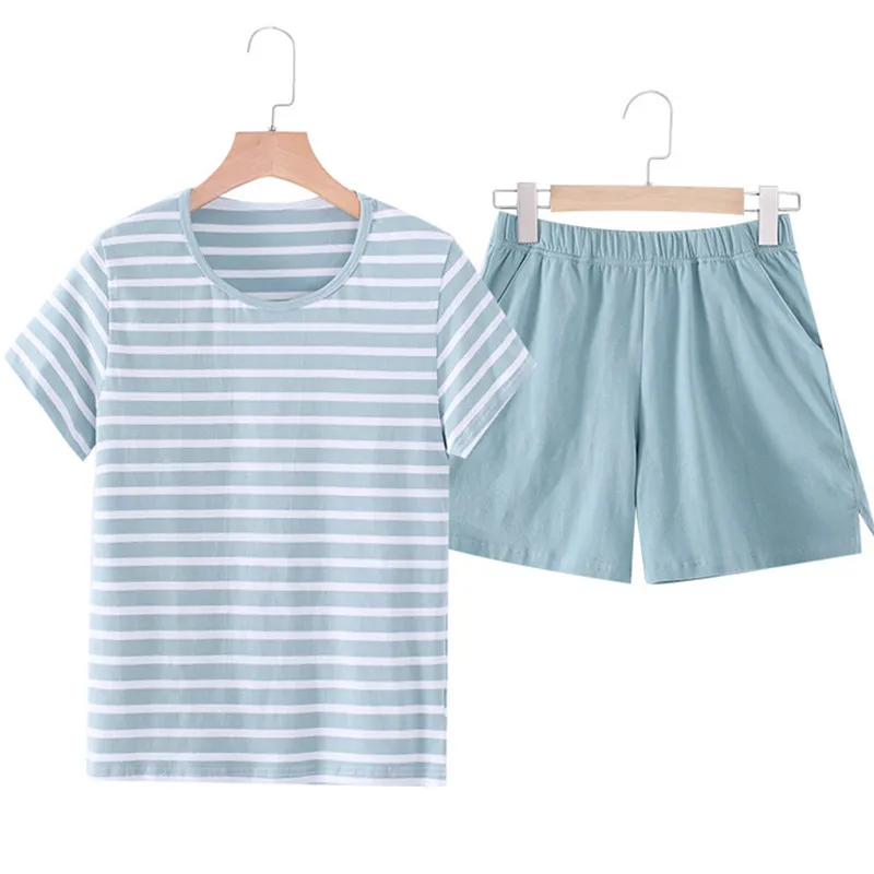 Fdfklak Fashion Striped Short Sleeve Shorts Set New Cotton Summer Pajamas Women Plus Size Nightwear Sleepwear Female Suit M-3XL