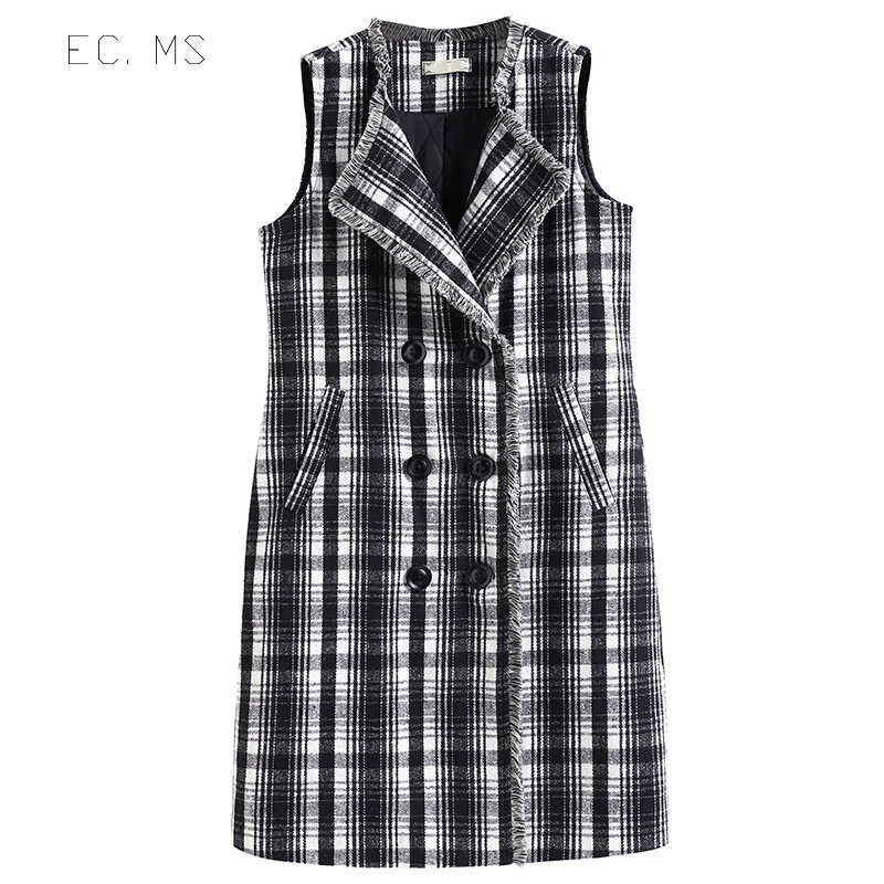 EC.MS шерстяной жилет средней длины в черно белую клетку двубортный толстый хлопок