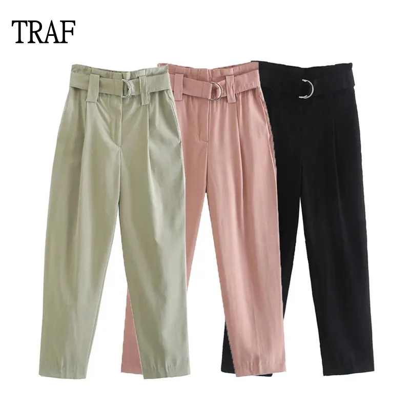 

TRAF Women Pants 2021 Fashion Belt High Waist Women's Wide Leg Trousers Woman Vintage Zipper Fly Pocket Female Ankle Trousers