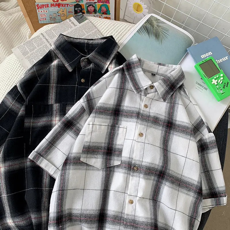 

2021 Summer Men's Loose Short Sleeves Hawaiian Shirts Lattice Printing Camisa Masculina Streetwear Clothes Shirts Size M-5XL