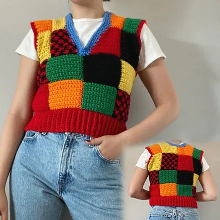 

Retro Rainbow Colorblock Knitted Vest Unisex Clothings Women's Tops