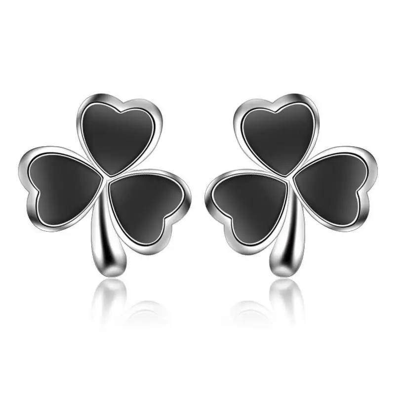 Женские серьги гвоздики из серебра 925 пробы с черным клевером|Серьги-гвоздики| |