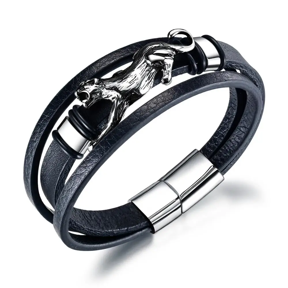 

Черный браслет для мужчин 2020 в стиле панк, трехслойные кожаные украшения, аксессуары, мужской браслет с пряжкой из нержавеющей стали, Леопар...