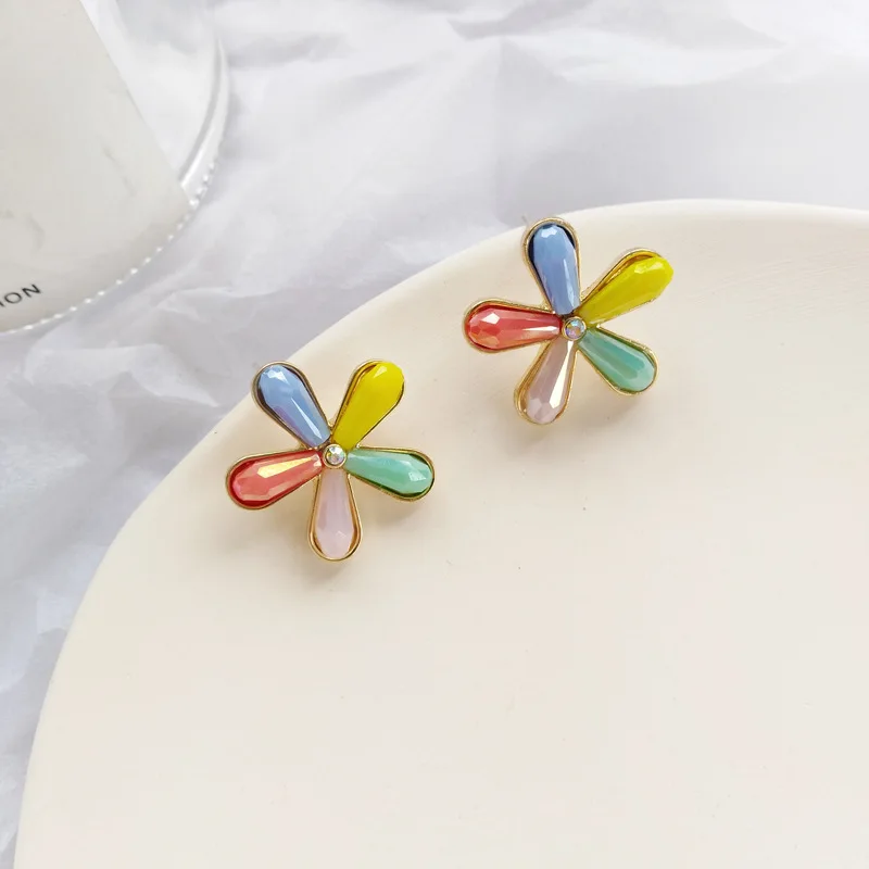 Японские милые пятицветные хрустальные клипсы серьги с цветами без пирсинга