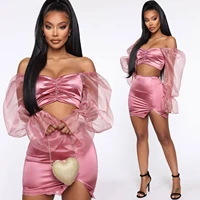 skmy sexy fashion two piece sets womens outfits mesh patchwork long sleeve crop top lace stitching mini skirt suits clubwear