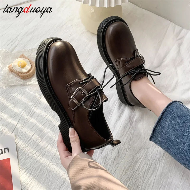 

Women Platform Oxford Shoes 2022 spring Vintage Brown Leather Lace Up Women Fashion Loafer Shoes Black Oxford Shoes lolita