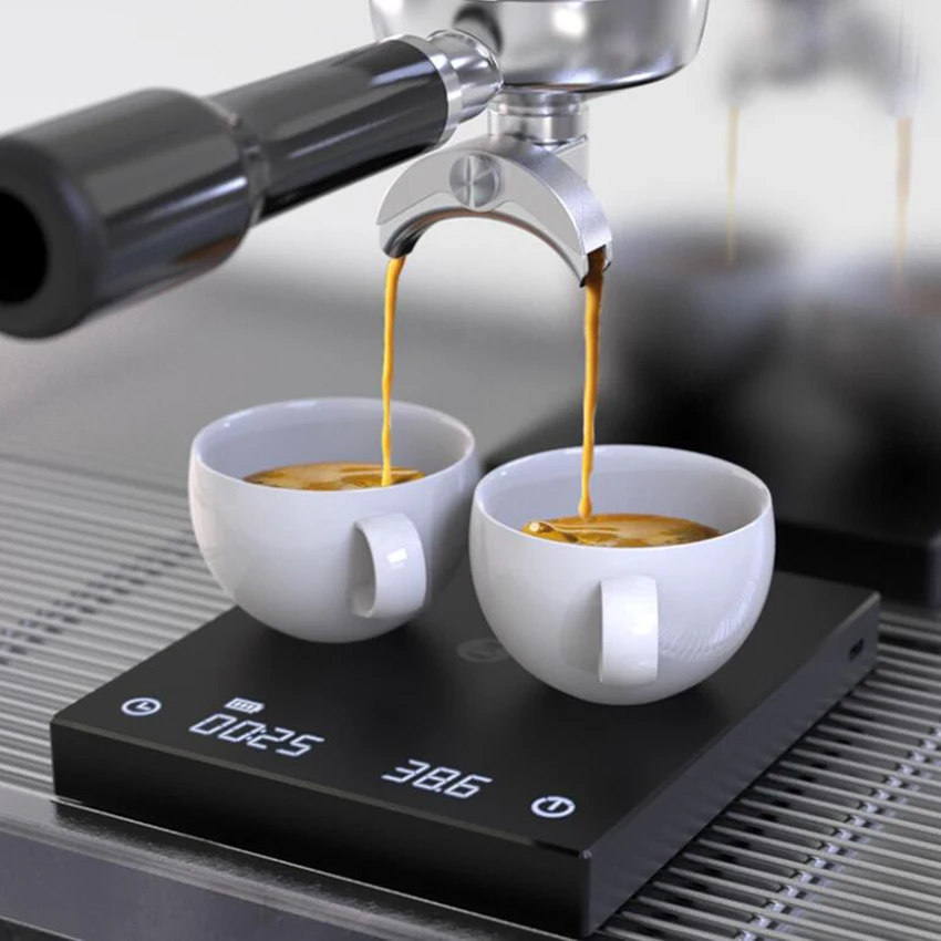 

Rechargeable Coffee Scale with Timer 2kg/0.1g High Precision Pour Over Drip Espresso Scale, Backlit LCD Display, White, Black