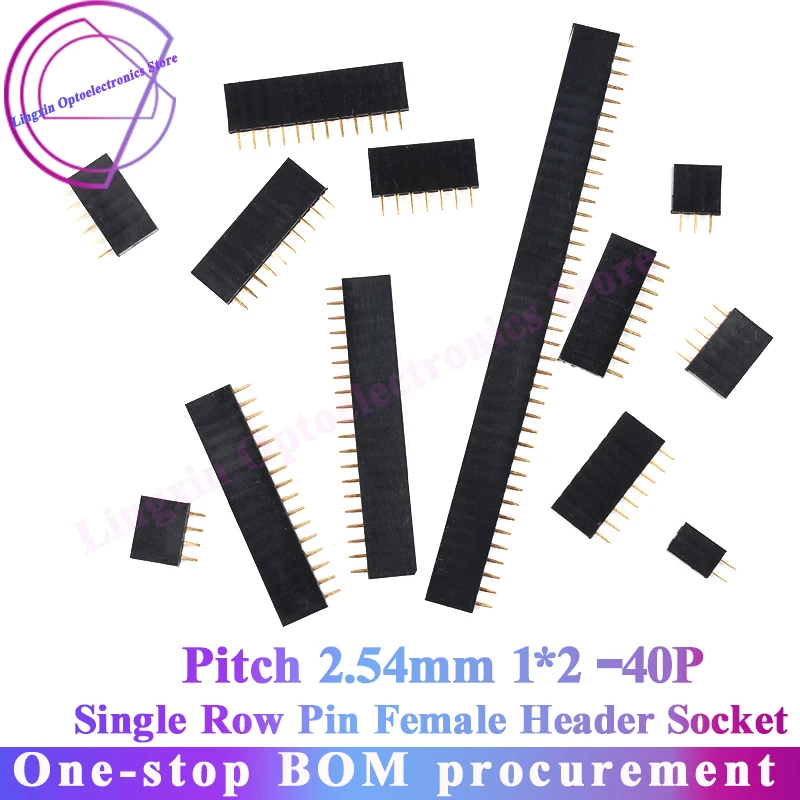 

10PCS Single Row Pin Female Header Socket Pitch 2.54mm 1*2p/3p/4p/5p/6p/7p/8p/9p/10p/12p/14p/16p/20p/40p Pin Connector