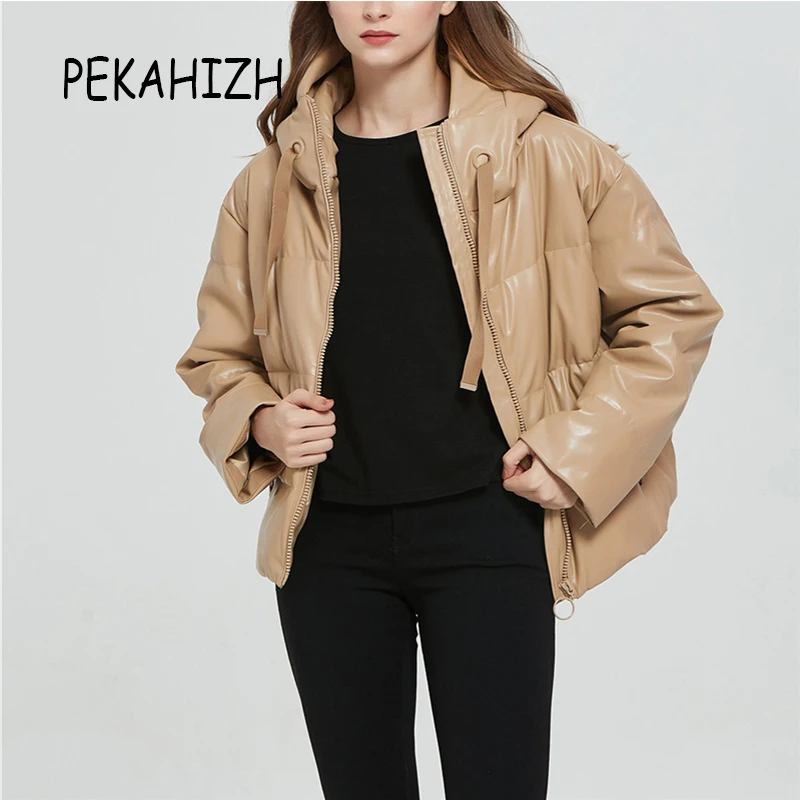 

Зимняя одежда женская модная тонкая куртка из искусственной кожи с длинным рукавом Повседневная Свободная куртка на молнии с карманами и к...