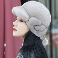 women full mink fur winter hats luxury real fur pom pom cap trendy octagonal hat new warm beanies