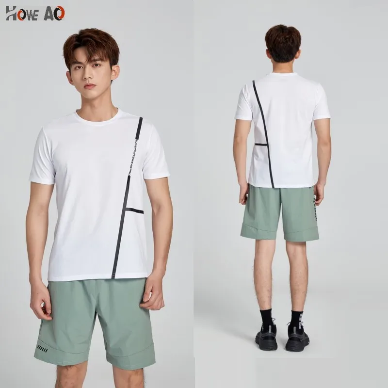

HOWE AO Breathable Running Shirts Men Tops Tees Quick Dry Short Sleeve Gym Fitness T Shirt Strips Sportswear