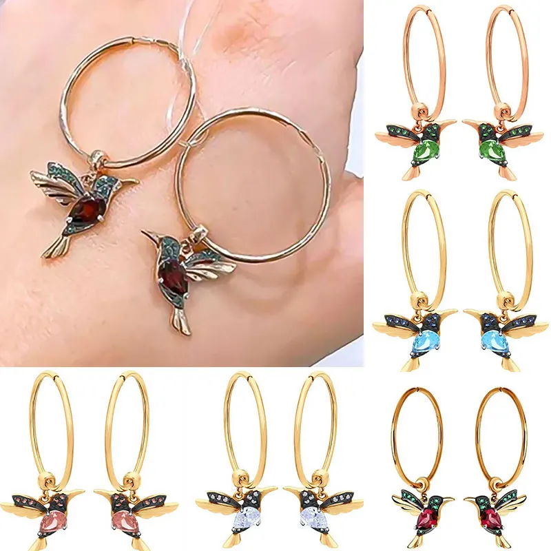 

Elegant Animal Round Hoop Drop Ear Stud Earring Jewelry Crystal Bird Pendant Eardrop Earrings For Women's Wedding Jewelry Gift