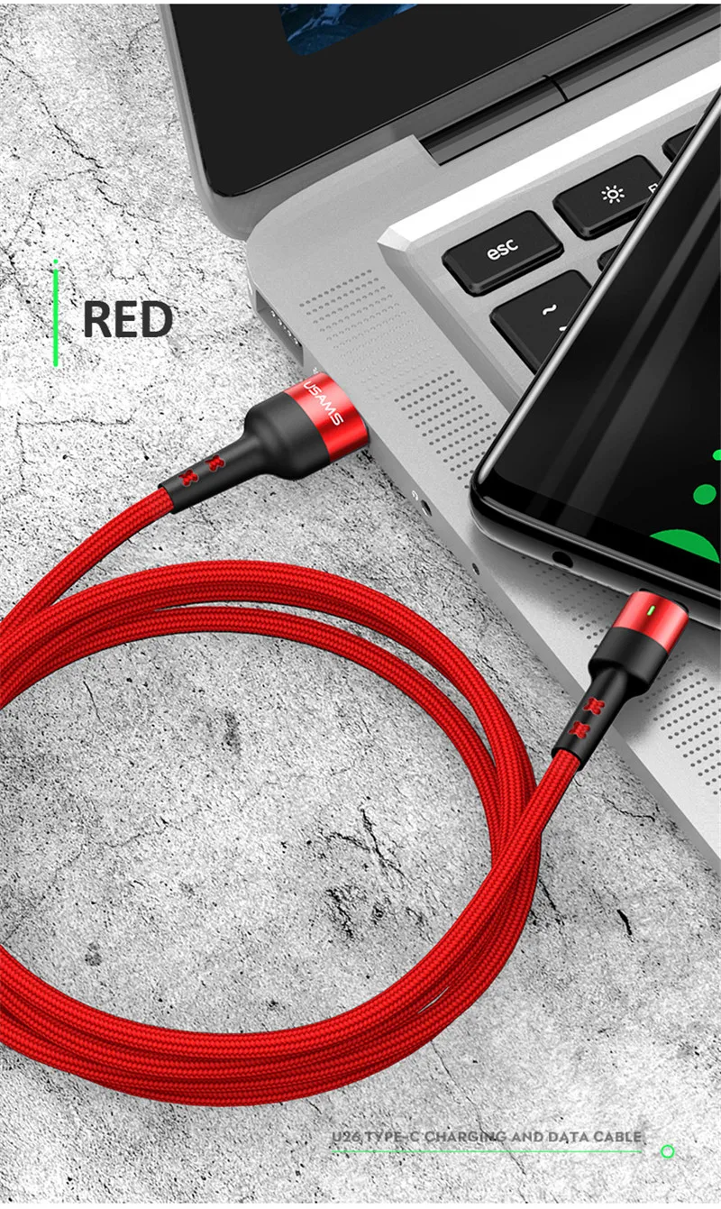 USAMS usb type C кабель 3A Быстрая зарядка провод кабель usbc для Xiaomi huawei samsung Note10 мобильный телефон светодиодный USB-C зарядное устройство кабель