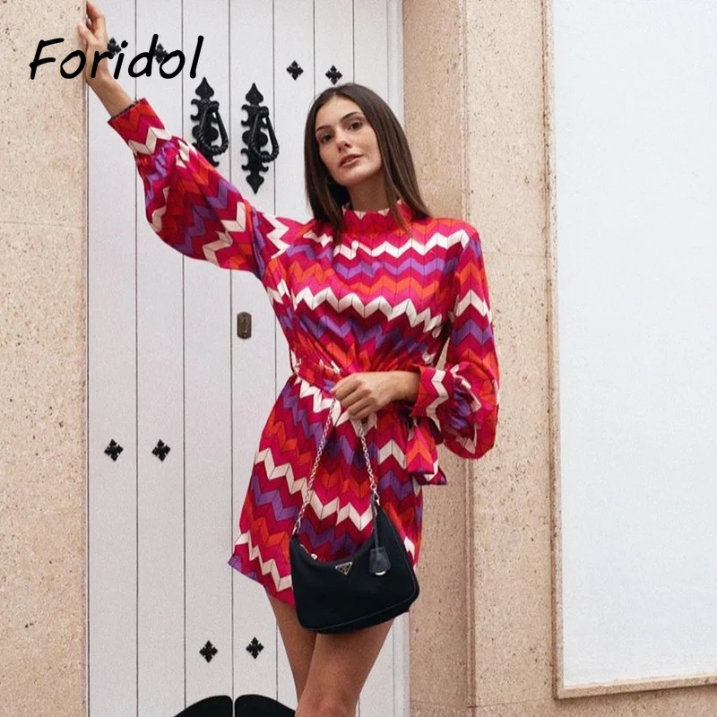 

Foridol Stand Collar Lantern Sleeve Geometric Printed Dress Women Spring Summer Casual Short Red Dress Sash Dress Dropshipping