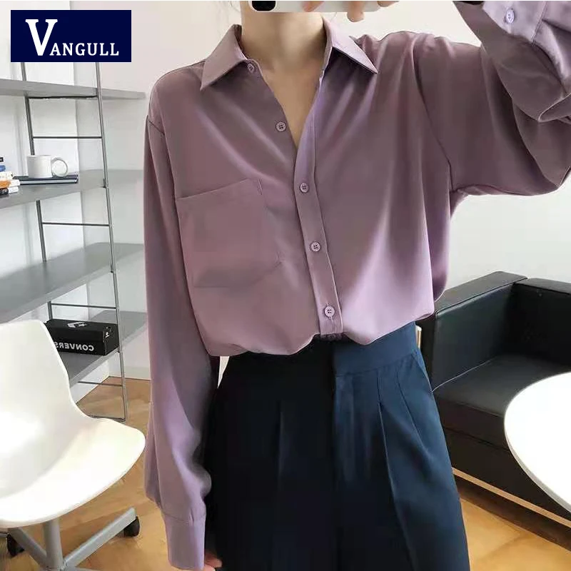 

Vangull Women Shirt 2021 Spring Autumn Oversize T-shirt With Long Sleeve Pocket Office Female Single-breasted Top Blouse