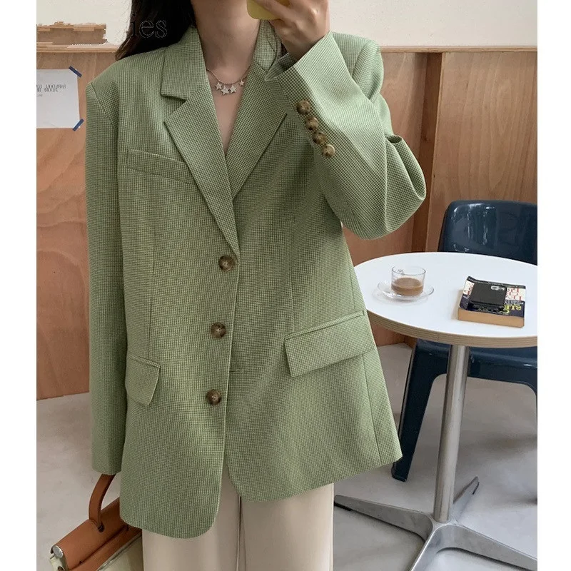 

Women Oversized Plaid Green Blazer Casual Single Breasted Suit Jacket Female 2021 Loose Blazer Outwear STKJ