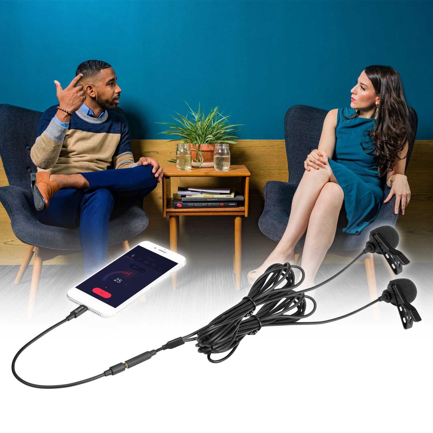 Конденсаторный микрофон BOYA с двойной головкой записью звука для iPhone Android DSLR Canon