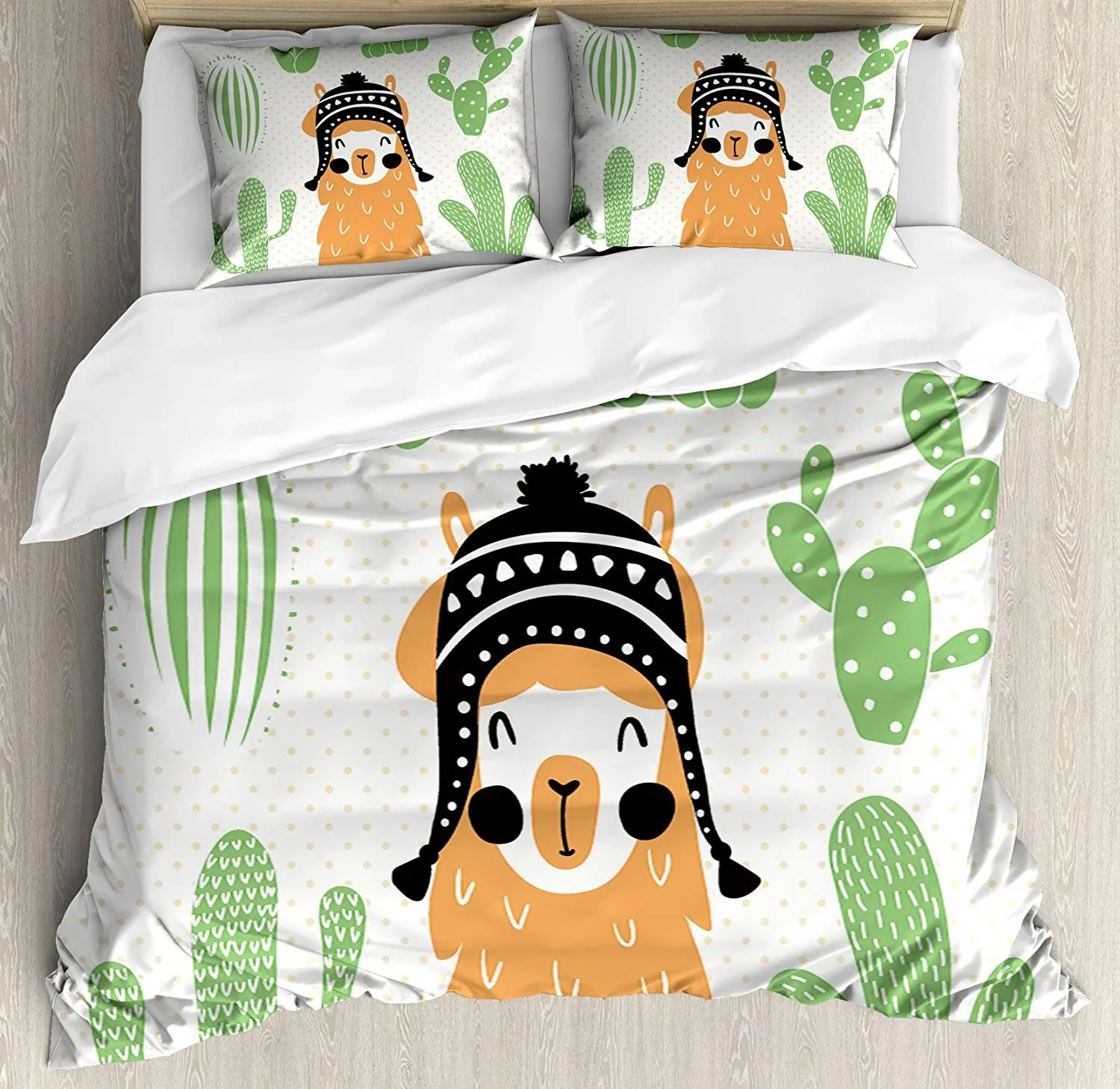 

Llama Bedding Set Llama in a Traditional Ethnic Bolivian Hat Smiling Comic on Polka Dots Illustration Duvet Cover Pillowcase