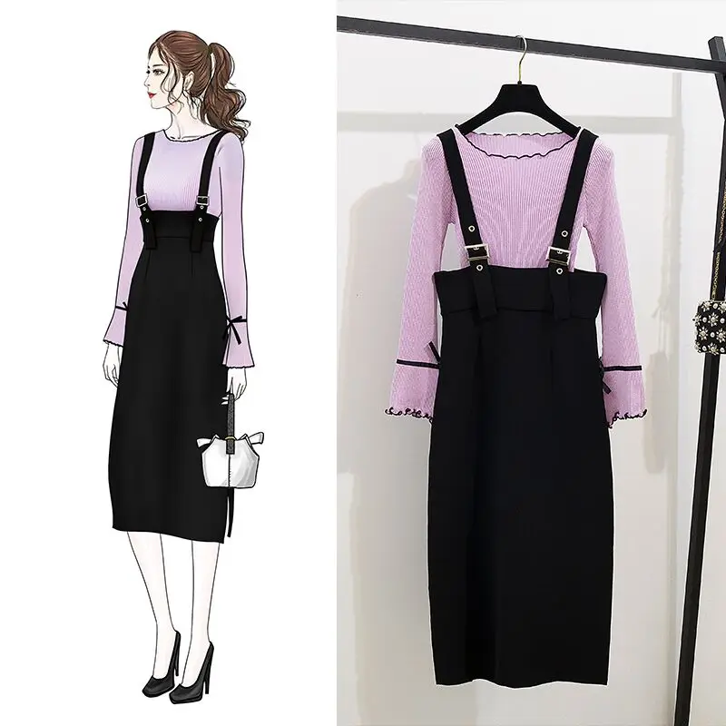 picture color Autumn Women Flare Sleeve Knitted Bow Top+Mid-Long Black Suspender Skirt Set Streetwear Two-piece Set Strap Skirt Overalls - Цвет: picture color