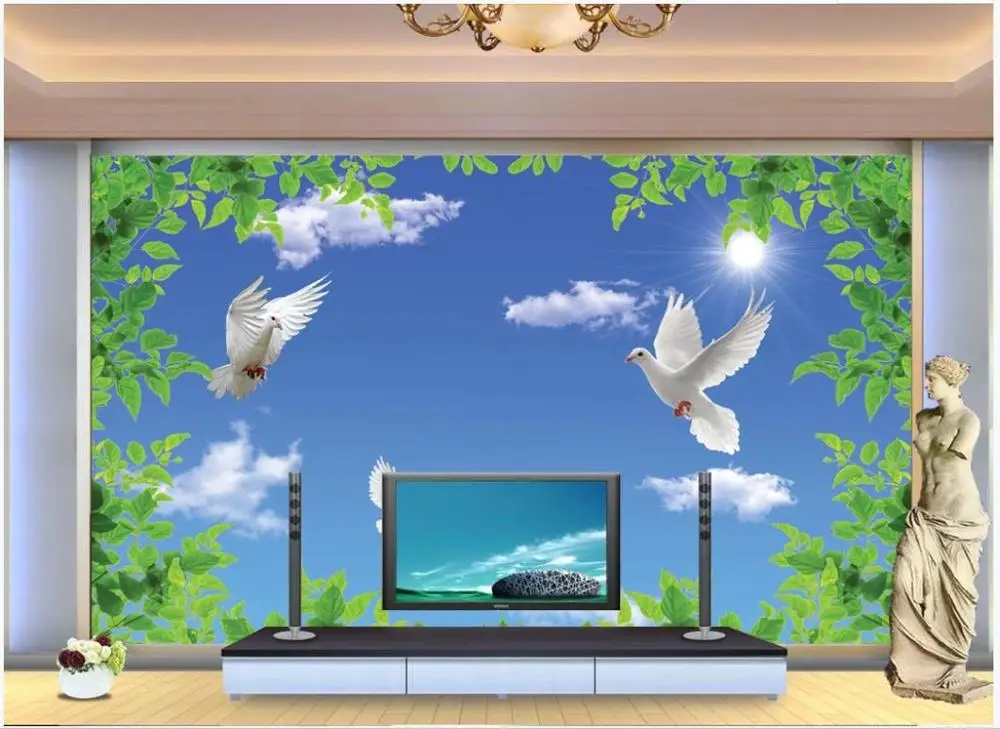 

Custom photo wallpaper 3d mural wallpaper for walls 3 d Blue sky white clouds green leaves pigeon background wall papers decor