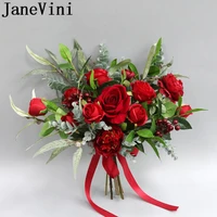 janevini red artificial rose bridal flowers silk wedding bouquets vintage peony outside wedding ribbon bride bouquet da sposa