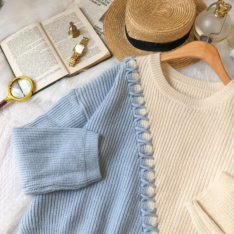 

Knitted Sweater Female Japanese Fashion Cross Bandage Splicing Blue White Gentle Pullover Girl Autumn Winter Base Jumper Tops