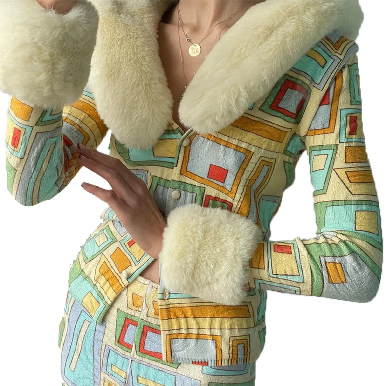 

Женская рубашка на пуговицах, пикантный Топ с длинным рукавом и геометрическим принтом и воротником из искусственного меха