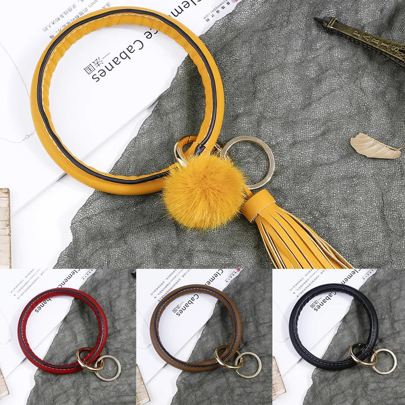 

Car Keychain For Woman Anti-lost PU Leather Keyring Big Circle Wrist Jewelry Pendant Bracelet Key Ring Holder Fashion Key Chain