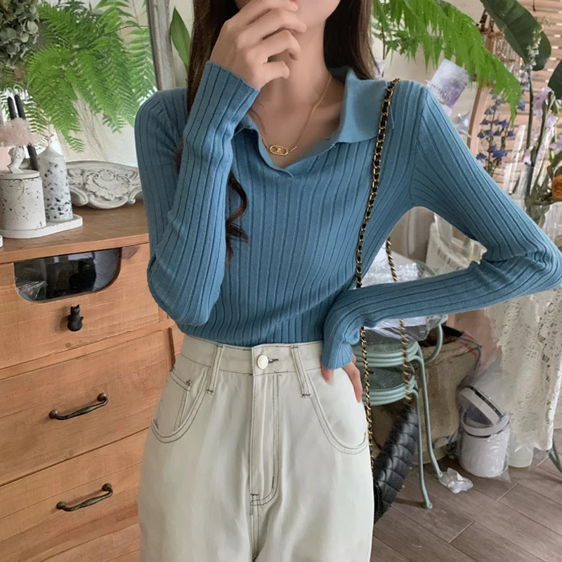 

Autumn 2021 new loose fitting Polo neck Pullover Sweater bottomed shirt long sleeve Lapel sweater top