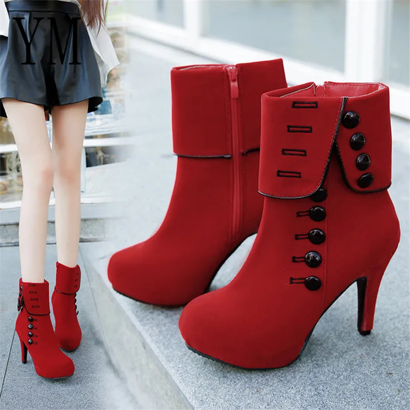 2021 fashion women's ankle boots high heels thick-soled flocking buckle boots women's shoes women 42