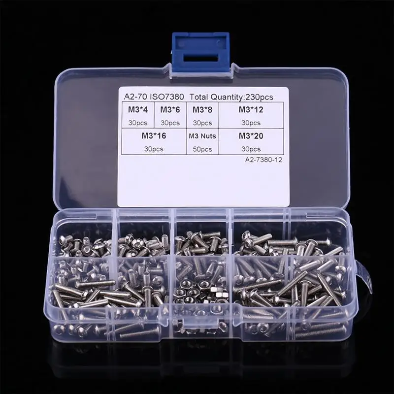 

240pcs M3 Hex Socket Screws Nut Set 304 Stainless Steel Allen Hex Drive Button Head Socket Cap Bolts Fastener Assortment Kit