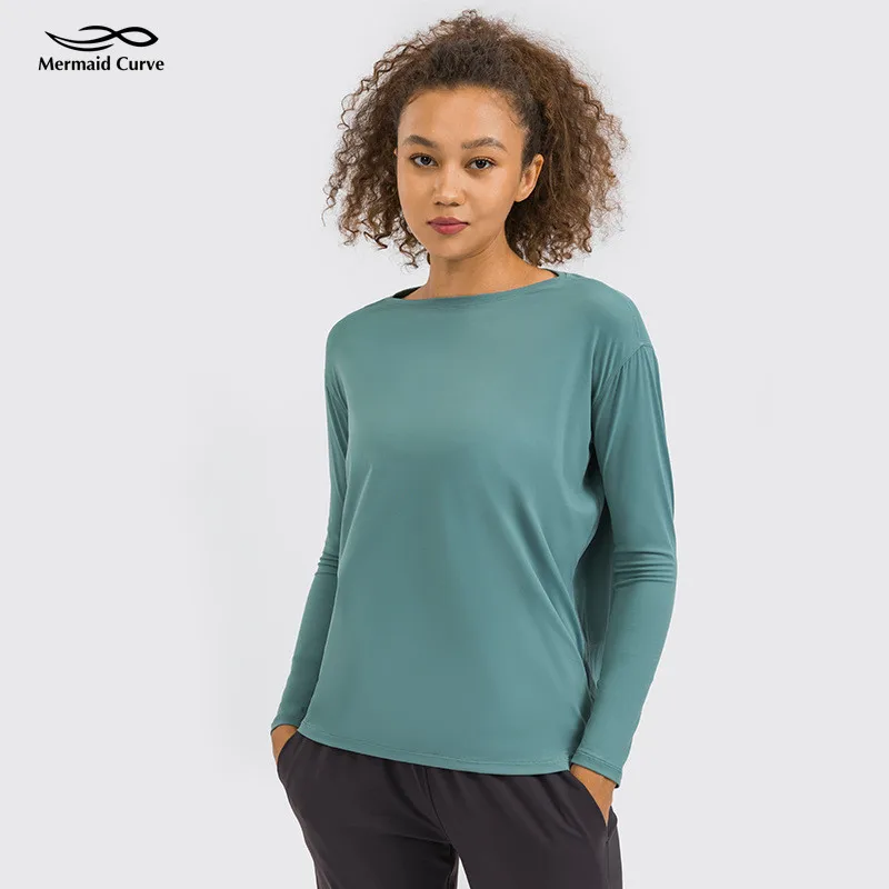 

Mermaid Curve Women's Clothes Yoga Shirts Back In Action Long Sleeve Super Soft Fabric Move T-shirts Loose Fit Running Top