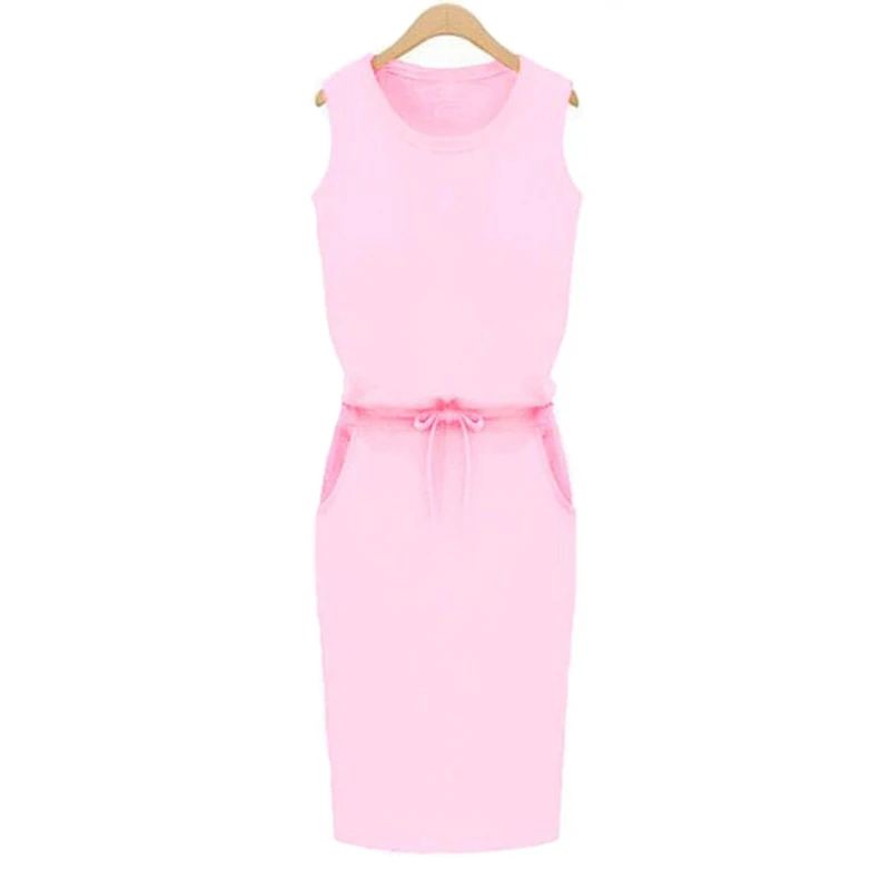 Pink Летнее женское платье, модное, однотонное, хлопковое, облегающее, с карманами, платье-карандаш, для работы, без рукавов, сексуальное, Повседневное платье, Robe Femme J2218 - Цвет: Pink