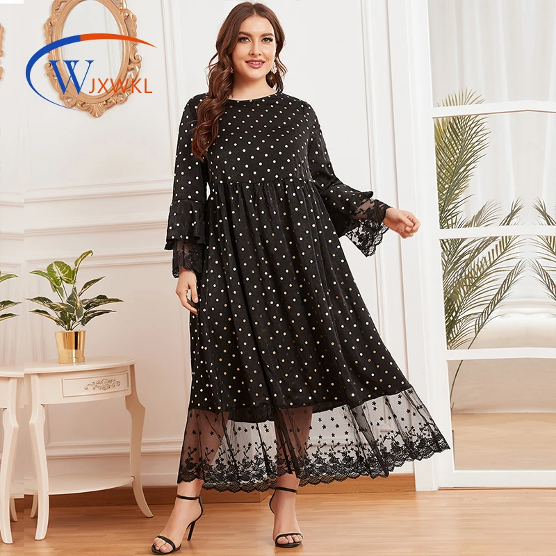 

WJXWKL 2021 Plus Size Women's Round Neck Horn Long Sleeve Bronzing Dotted Prints Lace Stitching Waist-Slimming Muslim Long Dress