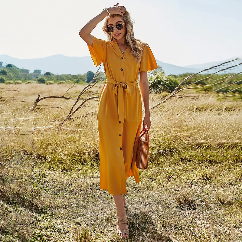 

Spring New Butterfly Sleeve Bandage Dress Women Casual Solid Color V Neck Elegant Button Dress For Women 2021 Summer Dress