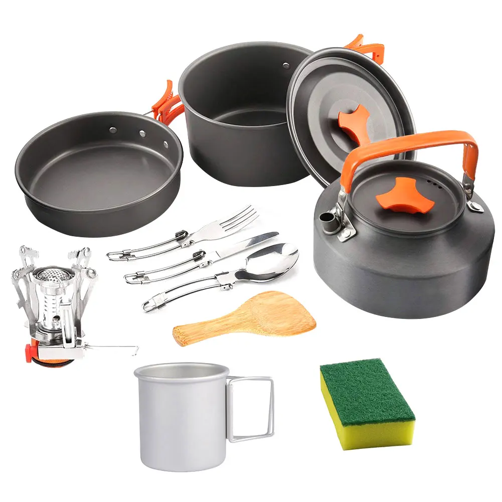 

Camping Picnic Cooking Kit Tableware Set Equipment with Pot Pan Spoon Fork Mini Gas Stove Cup for Outdoor Hiking 10PCS Orange
