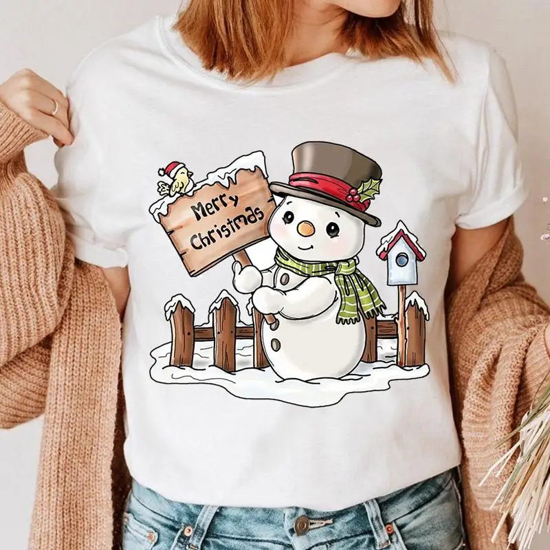

New Women Snowman Printed T Shirt Cute New Year Holiday Tshirt Top Merry Christmas Shirt Clothes Kawaii Graphic Female Tee Tops