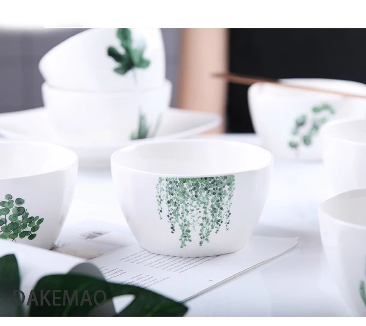 Квадратная миска с зелеными растениями домашняя для риса керамическая посуда