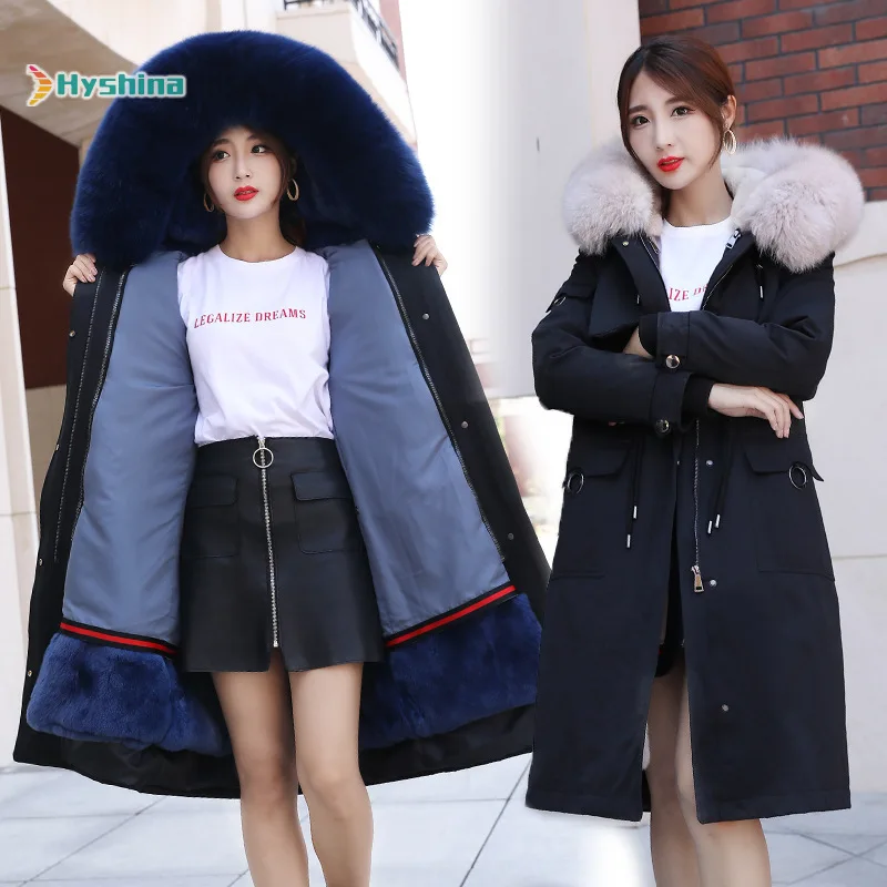 

Real Fur Parka Pike Suit Female Rabbit Fur Liner Autumn Winter Jacket Plus Size Natural Fox Fur Collar Hood Long Fur Coat