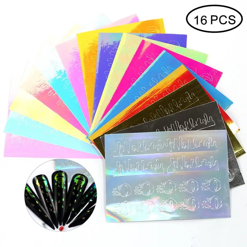 Лазерная Иллюзия пламени ногтей стикер 16 шт DIY Красочные огненные рефлекции