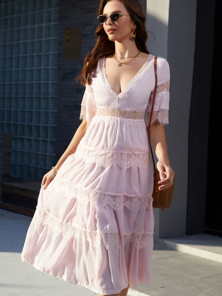 

2021 For Women Spring Summer Hollow Out White Dress Sexy Women Long Lace Dress Cross Plunge V-Neck Short Sleeve Lace Maxi Dress