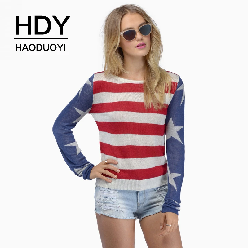 HDY Haoduoyi Women Long Sleeve Crewneck Casual Soft Super Comfy Bule-red Stripe Star Print Bodycon Pullover Sweater | Женская одежда