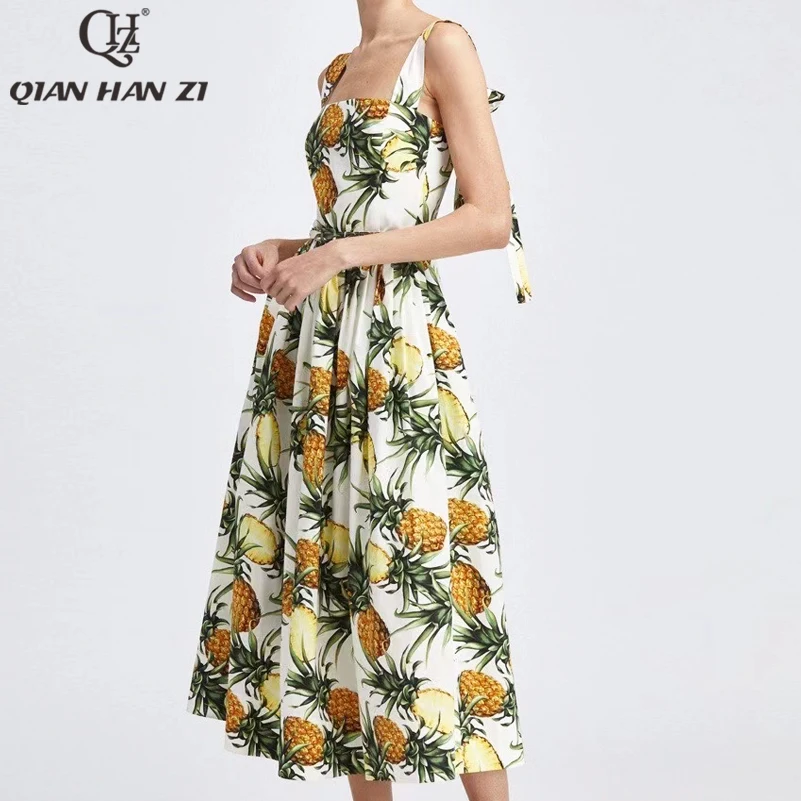 

Qian Han Zi fashion designer runway Spaghetti Strap summer dress Women Bow cotton high quality Slim belt vintage print dress