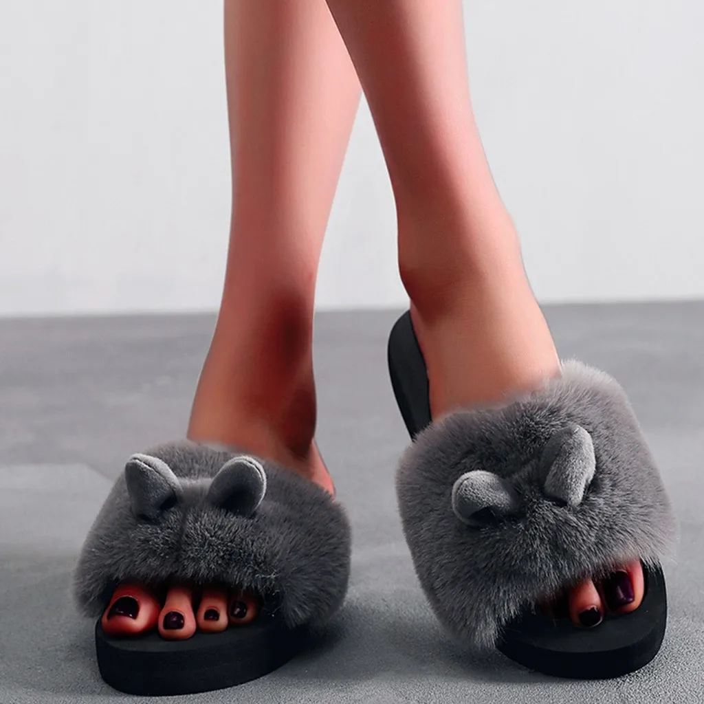 Заячьи ушки Мягкая плюшевая обувь без застежки для женщин на весну и зиму с