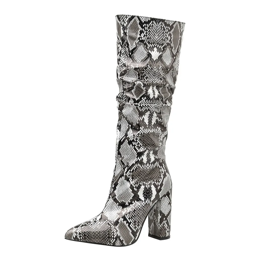 Красочная змея сапоги женские на высоком толстом каблуке заостренный носок