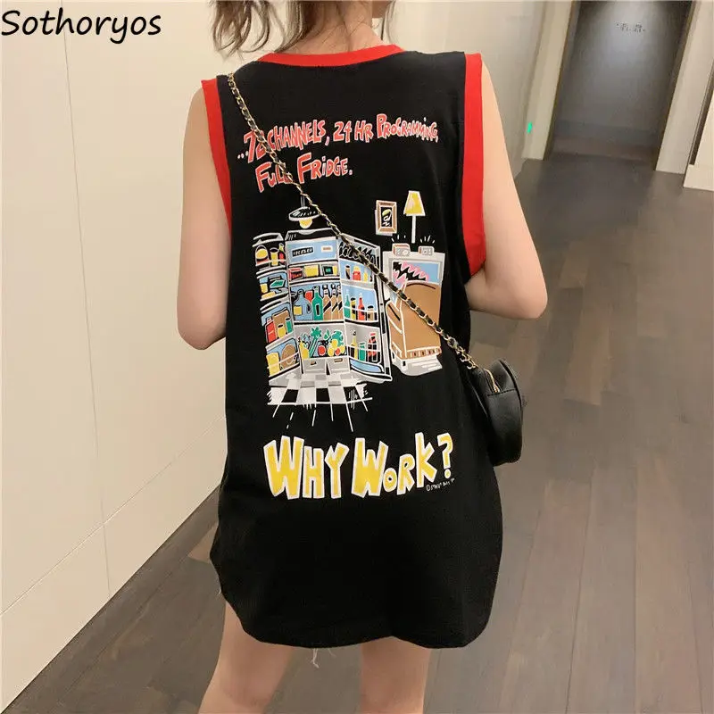 

Camisoles Women O-neck Sleeveless Tops Letter Printing Design Streetwear Summer Baggy Tanks Korean Fashion Teens Chic Tees Ins