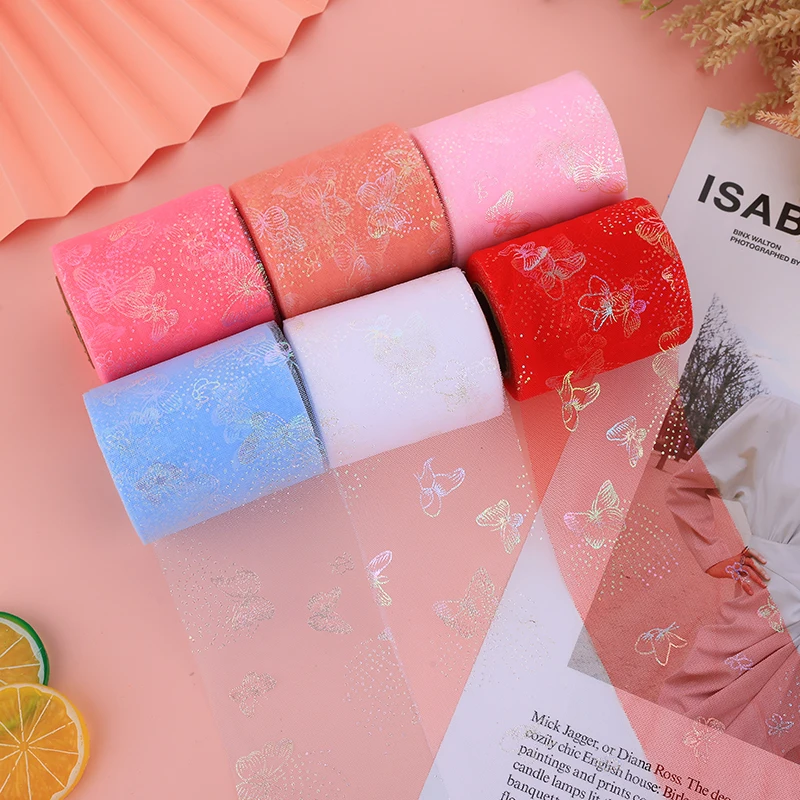 

7.5cm 25Yards Butterfly Tulle Roll Colorful Printed Soft Organza Mesh Tape Wedding Decoration DIY Craft Birthday Party Supplies